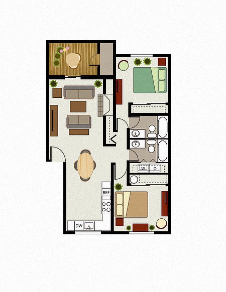 Floor plan for 2 beds, 2 baths, 970 sqft